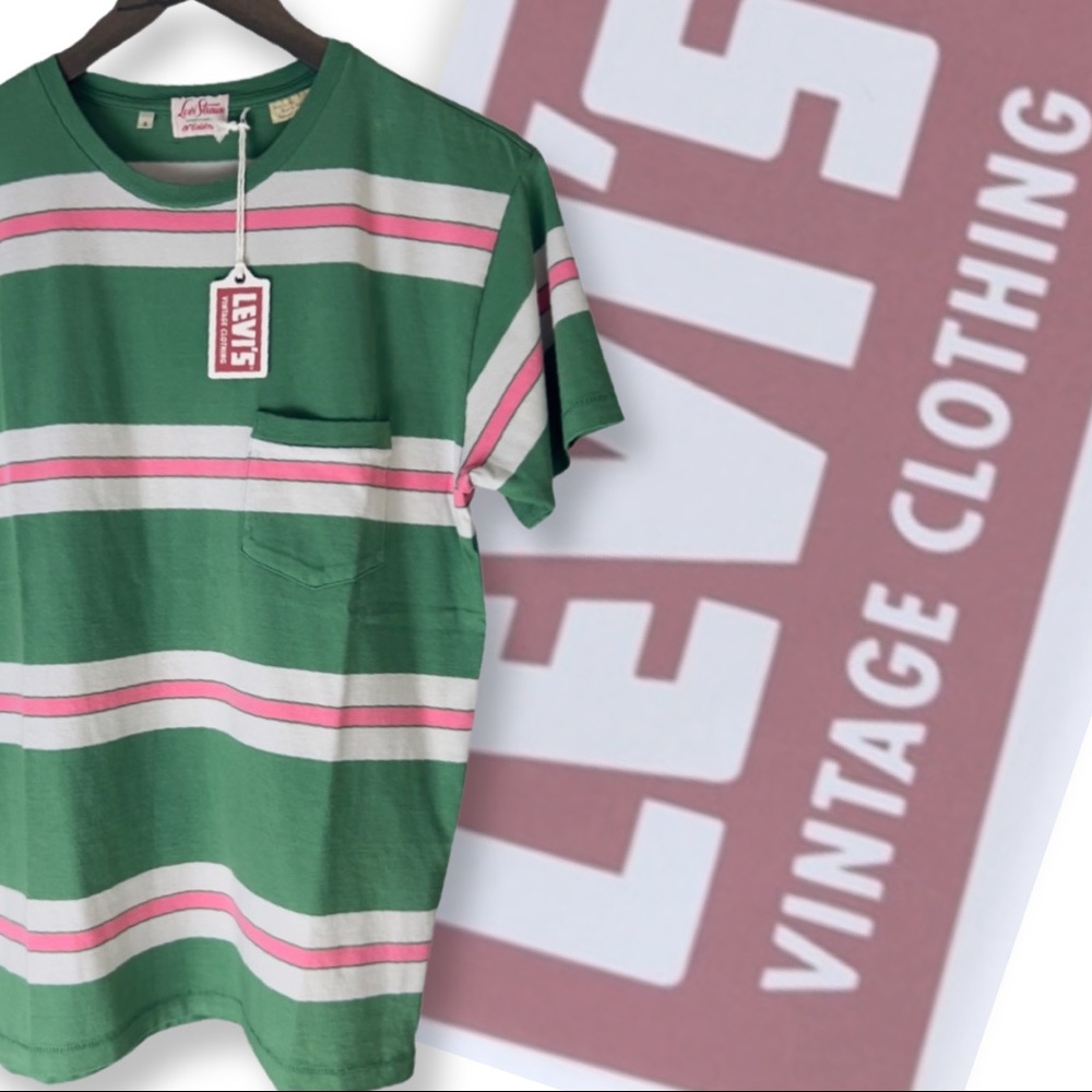 Levi’s Vintage Clothing 1940’s Split Hem Striped T-Shirt Pink/Green - Picture 14 of 16